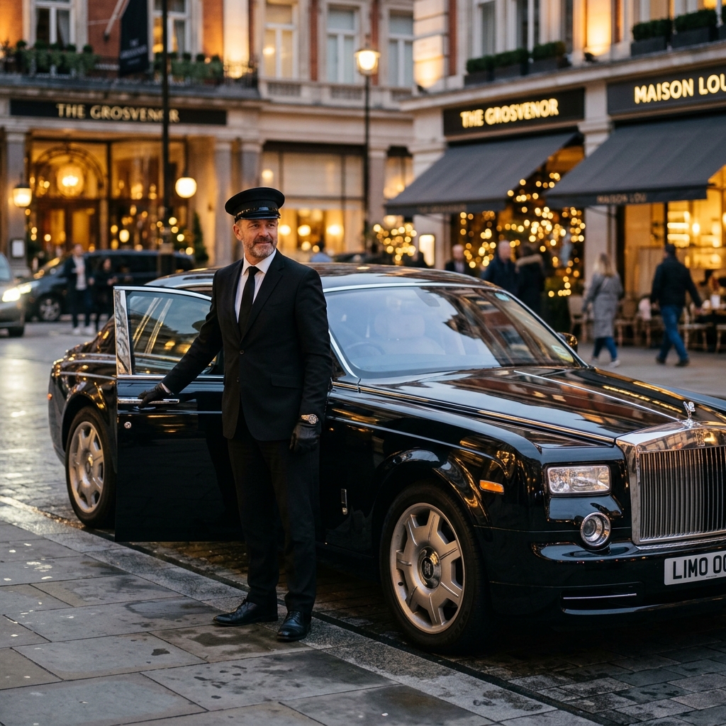 Professional chauffeur beside a black luxury vehicle